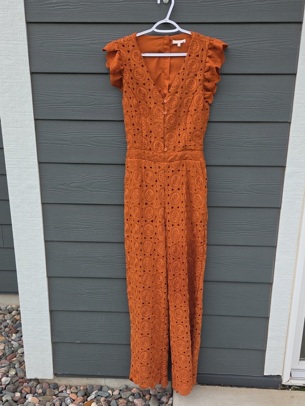 Skies Are Blue Orange Eyelet Lace Jumpsuit